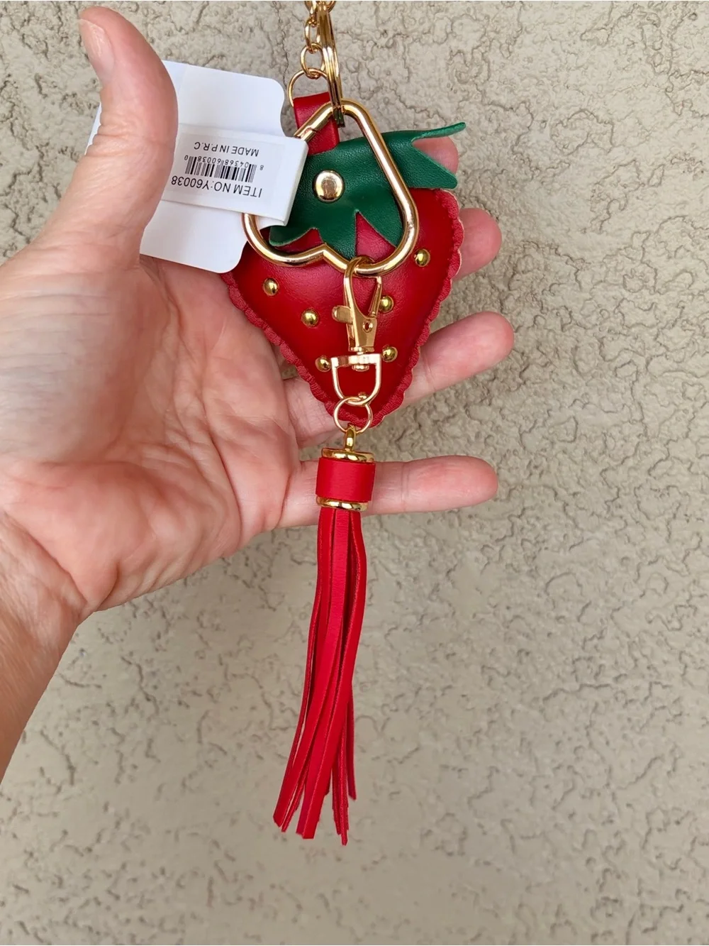 Studded Strawberry Tassel Keychain - Red & Green